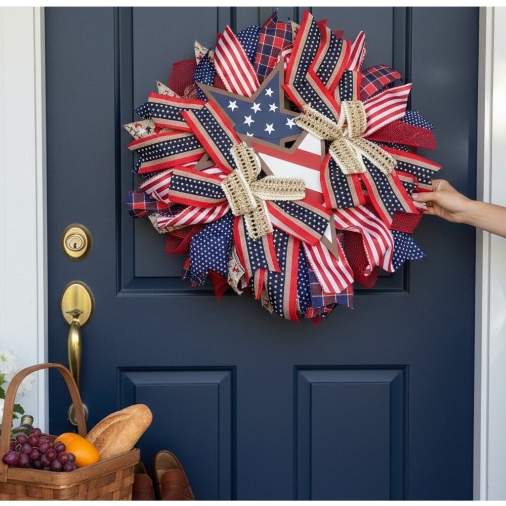 Patriotic Wreath With Ribbons Surrounding Two Stars and Stripe Wooden Stars NIP